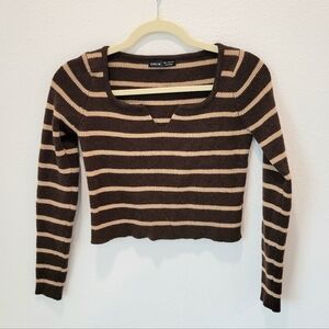 Shein Women’s Dark Brown Cropped Knit Sweater Beige Stripes M
